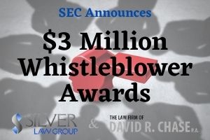 The Securities and Exchange Commission (SEC) announced that whistleblower awards totaling almost $3M had been paid to five people who provided information to the commission that led to three different enforcement actions.  Orders Determining Whistleblower Claim  The first order awarded $1.8 million to one whistleblower who “provided information that would have been difficult to detect in the absence of the tip and provided extraordinary assistance to SEC staff resulting in the return of the money to investors.” Scott Silver, Silver Law Group’s managing partner which publishes this site, represented this whistleblower and helped him submit his tip years ago.  The whistleblower had been a broker at Morgan Stanley Smith Barney. His tip related to fraudulent marketing regarding a foreign currency trading program by Morgan Stanley and Citigroup. The SEC investigated and collected almost $6 million in disgorgement and penalties. Given our client’s high-quality information and professional hardships suffered, we requested that he receive the maximum 30% award, which he did.