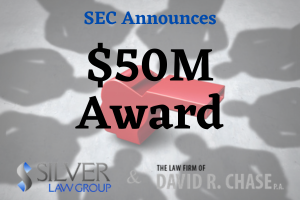 A whistleblower has just received a combined SEC award of more than $50 million. According to the heavily-redacted SEC award order document, the individual whistleblower received this bounty as combined percentages of awards from to three covered actions and a related action. The individual was a senior employee of the company involved and reported the misconduct after leaving their employment.